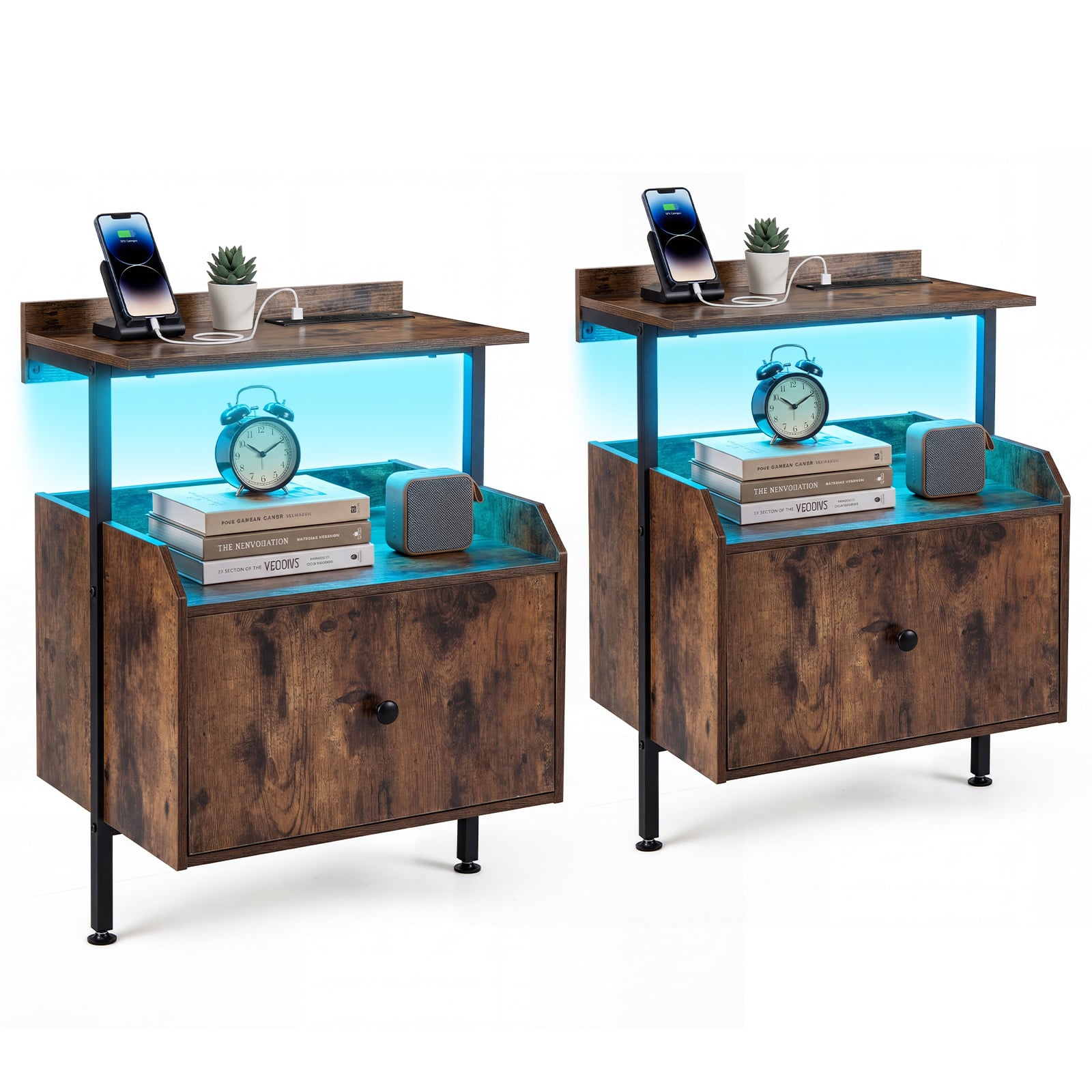 Costway Rustic Brown Set Of 2 Nightstand Bedside Table With Charging Station
