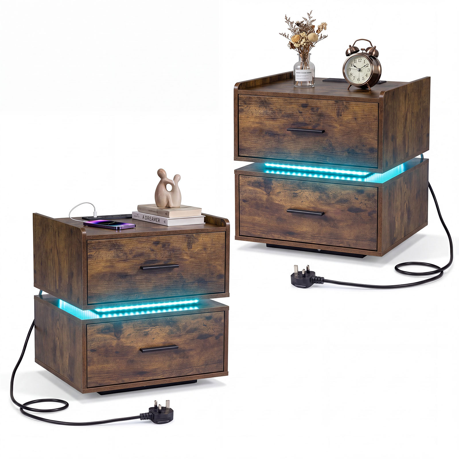 Costway Rustic Brown Set Of 2 Nightstand With Charging Station And 2 Storage Drawers