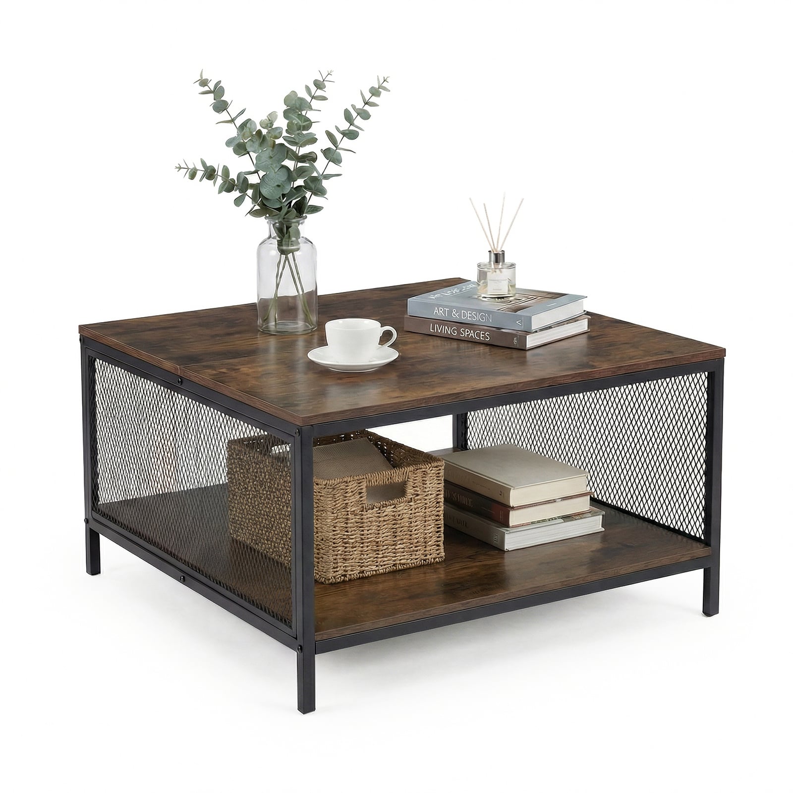Costway Brown Square Coffee Table 2-Tier Center Table With Open Storage Shelf Industrial