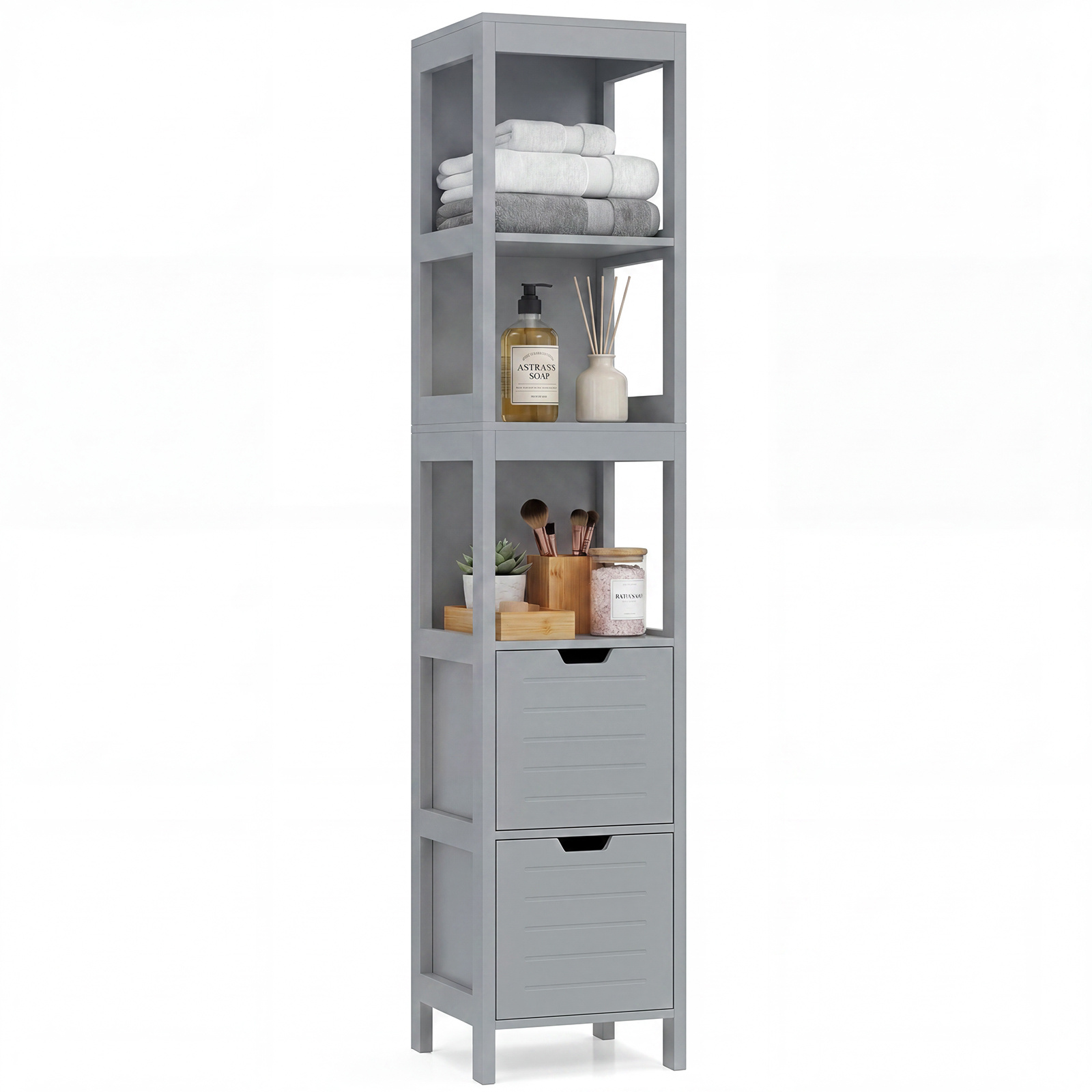 Costway Grey Tall Bath Storage Unit With 2 Deep Box Drawers