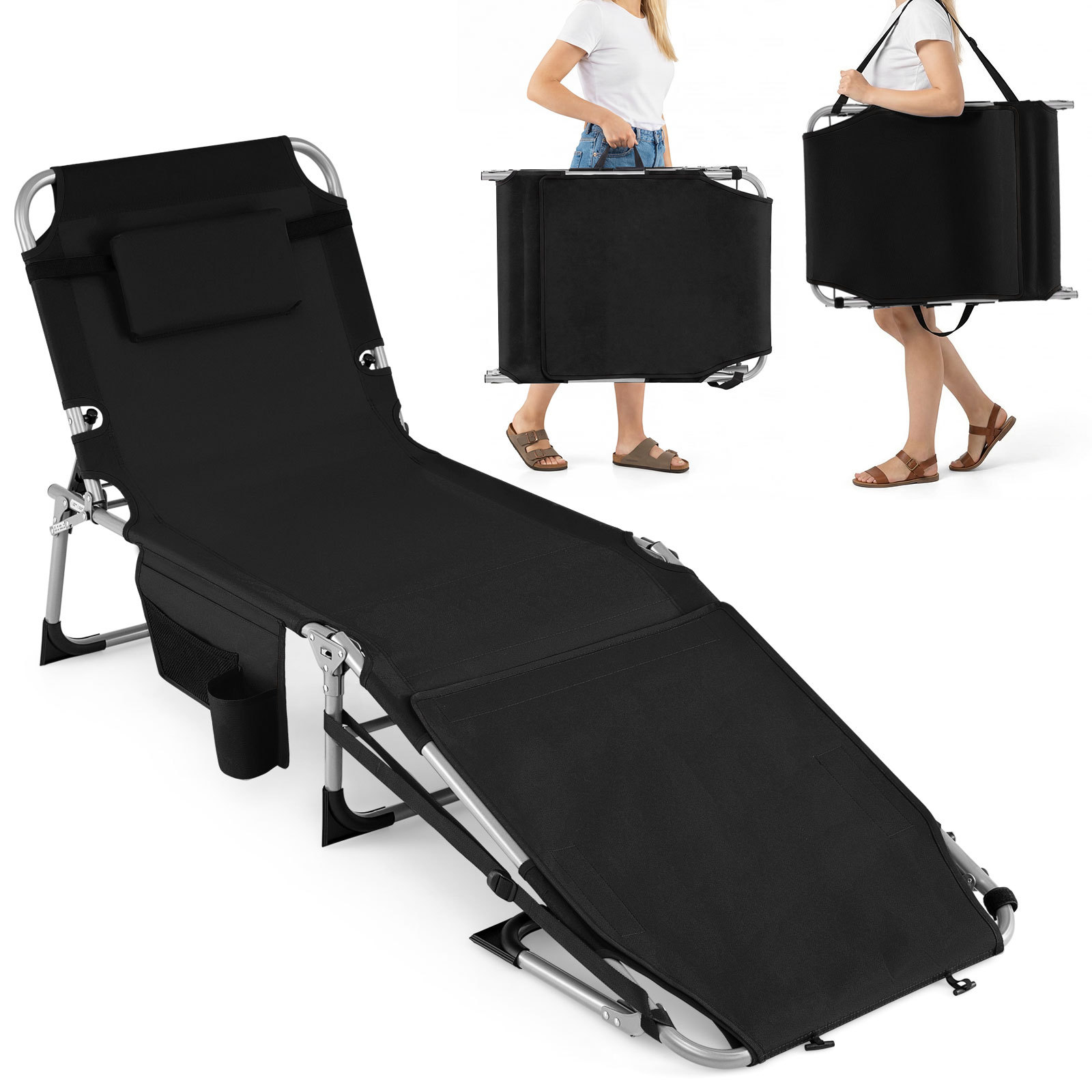 Costway Black Tanning Chair With Face Arm Holes And 4-Level Backrest With Head Pillow