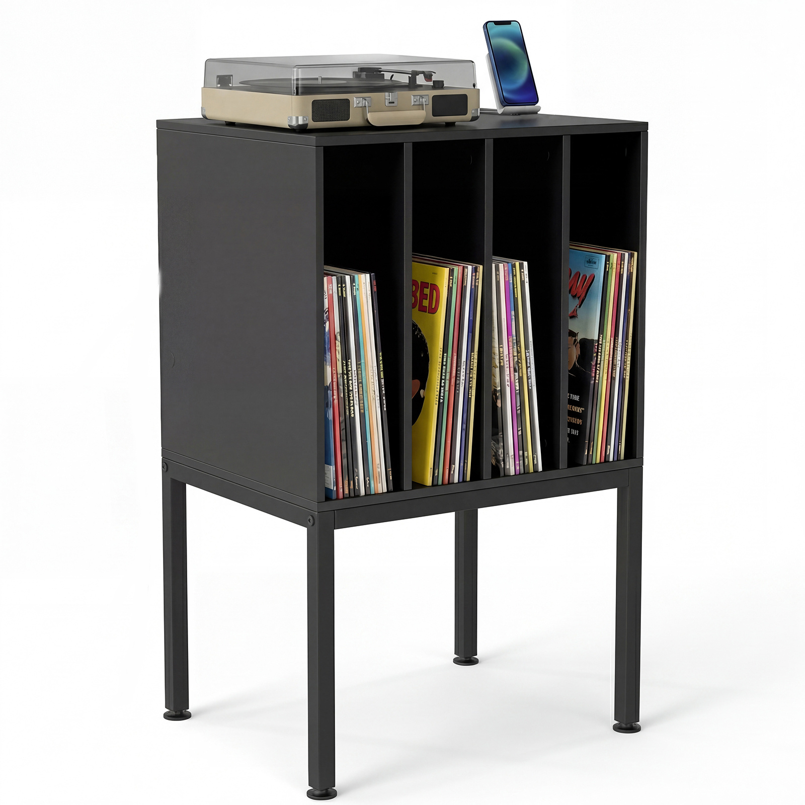 Costway Black Turntable Stand With Vinyl Storage Shelves And Raised Metal Legs