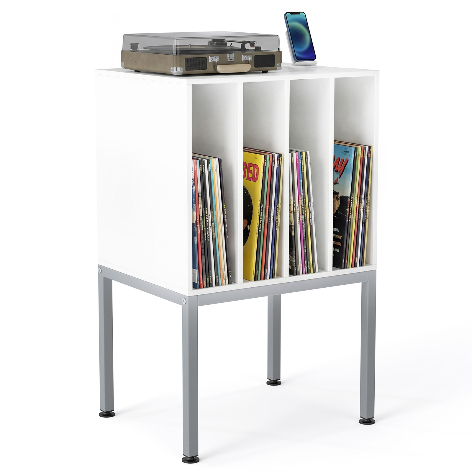 Costway White Turntable Stand With Vinyl Storage Shelves And Raised Metal Legs