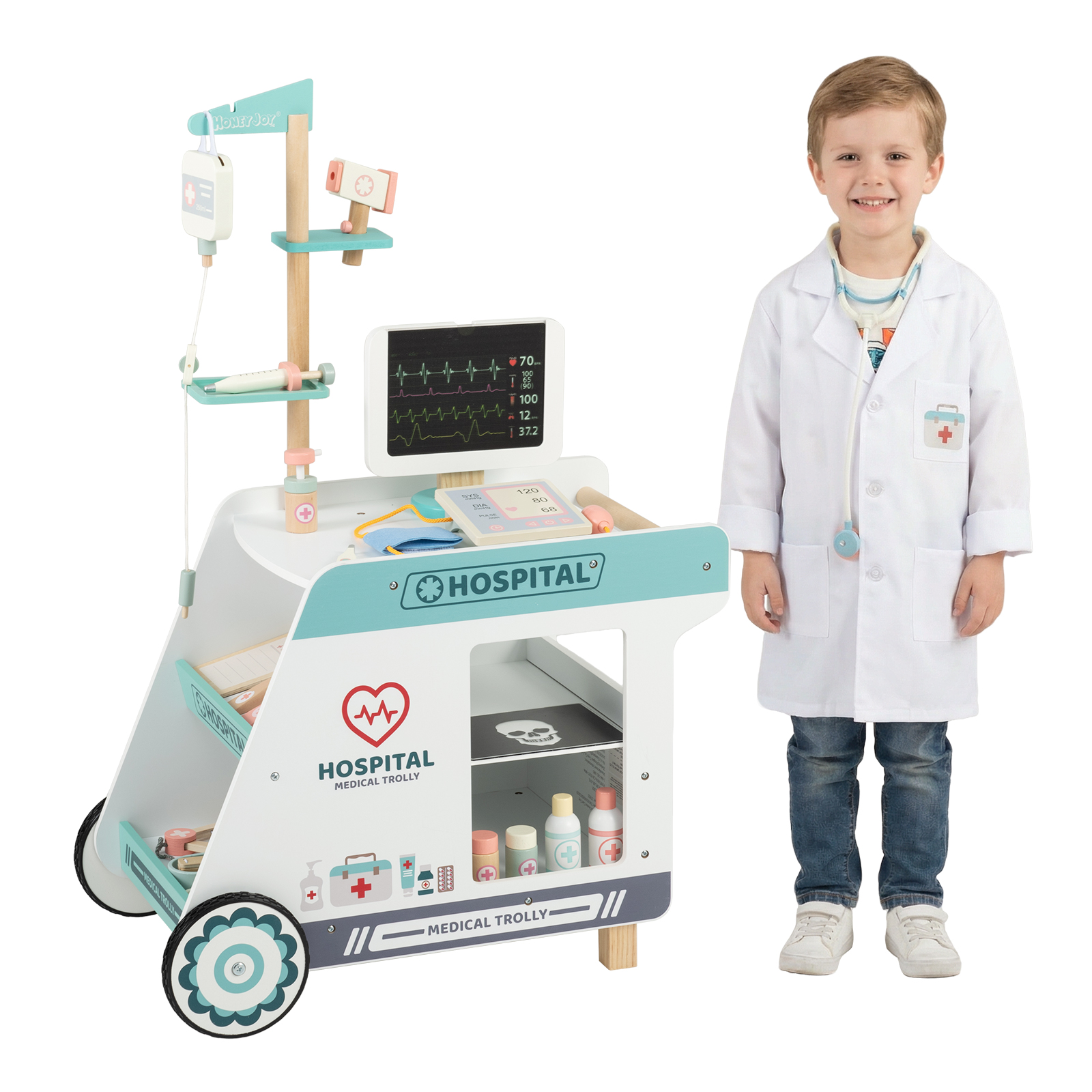 Costway Green Wooden Doctor Playset Pretend Play Doctor Kit With Cart