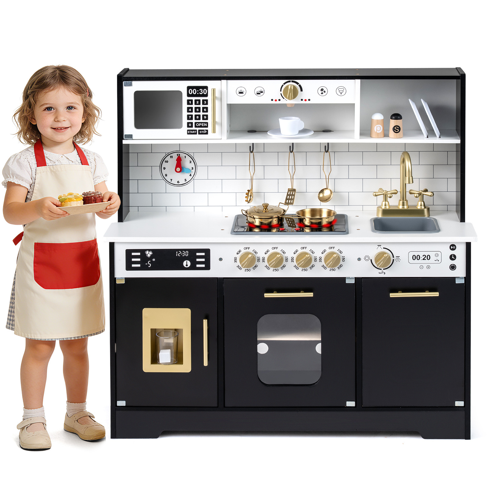 Costway Black Wooden Kitchen Playset With Realistic Lights And Sounds