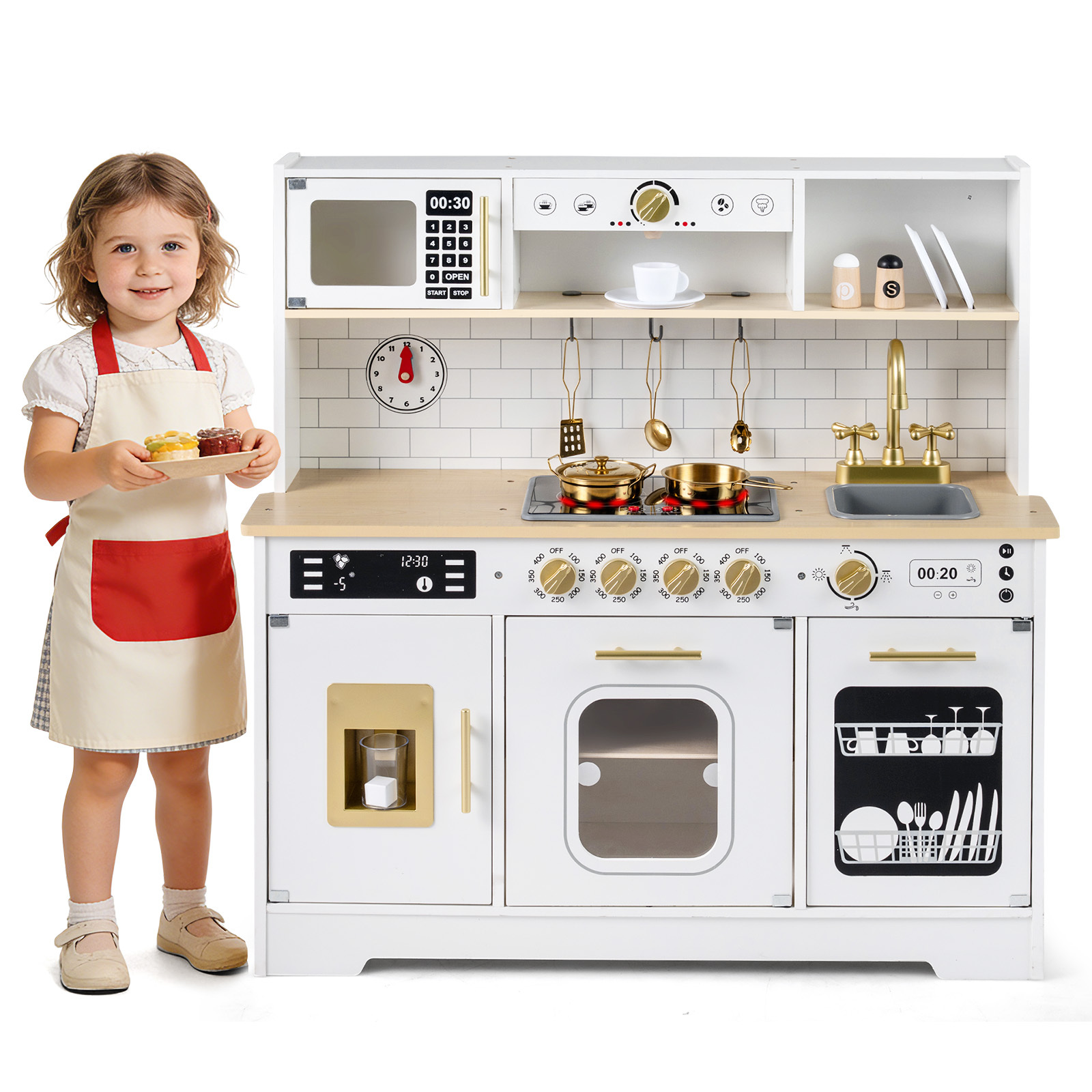 Costway White Wooden Kitchen Playset With Realistic Lights And Sounds