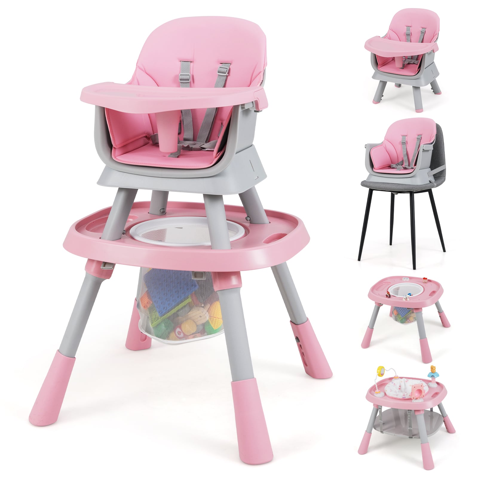 Costway Pink 16-In-1 Convertible Baby High Chair With Removable Tray And 5-Point Harness