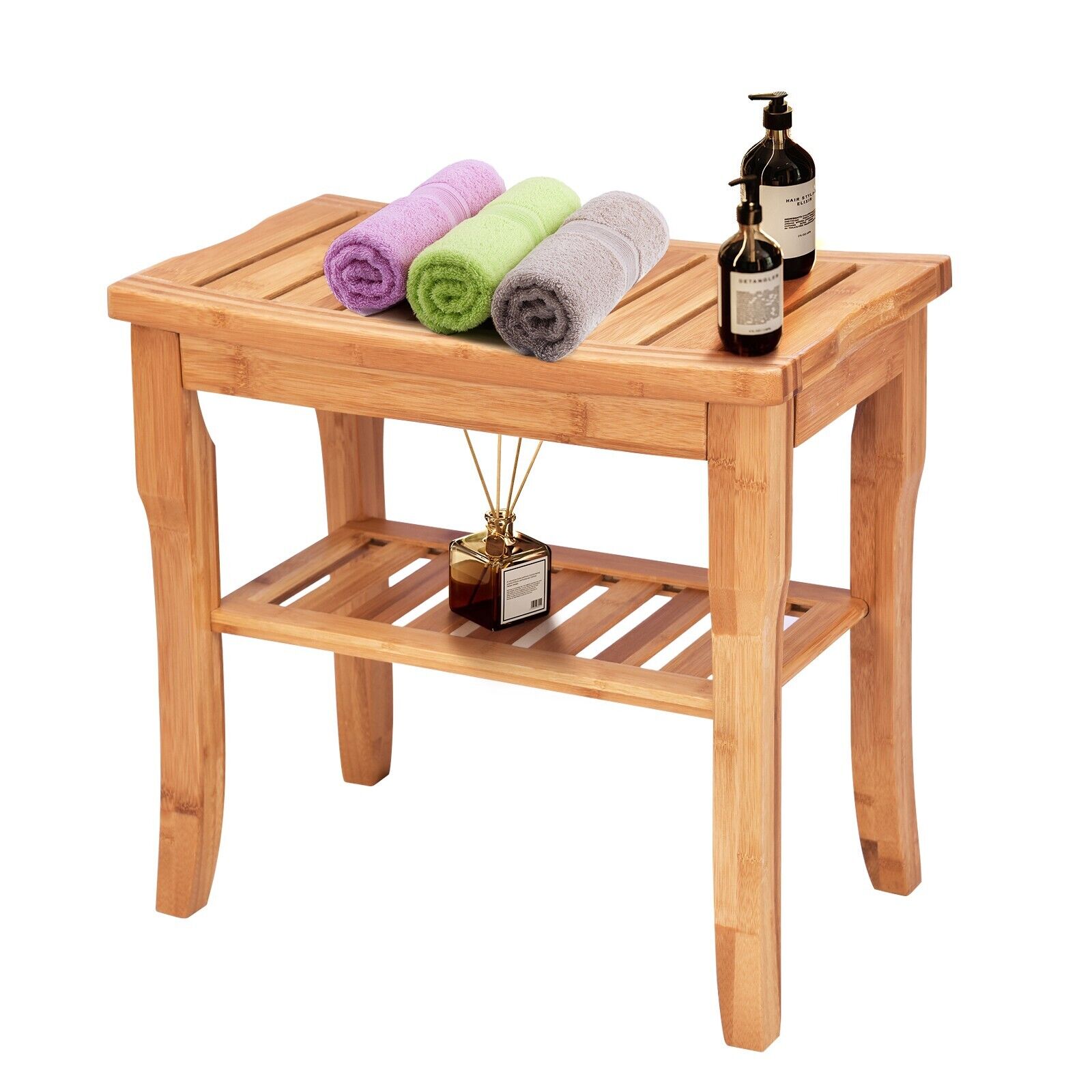 Costway Natural Bamboo Shower Bench With Storage Shelf And Non-Slip Feet