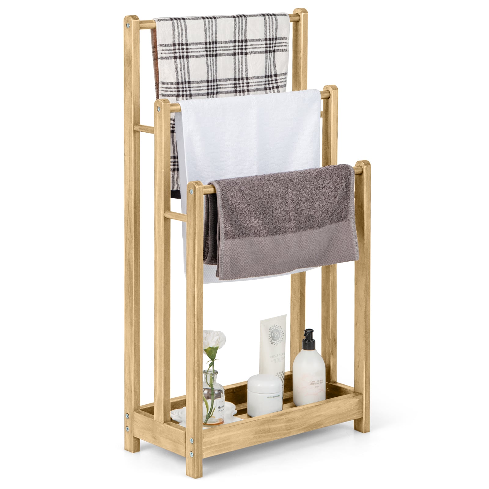 Costway Natural Freestanding Wood Towel Rack With 3 Individual Bars And Bottom Storage Shelf