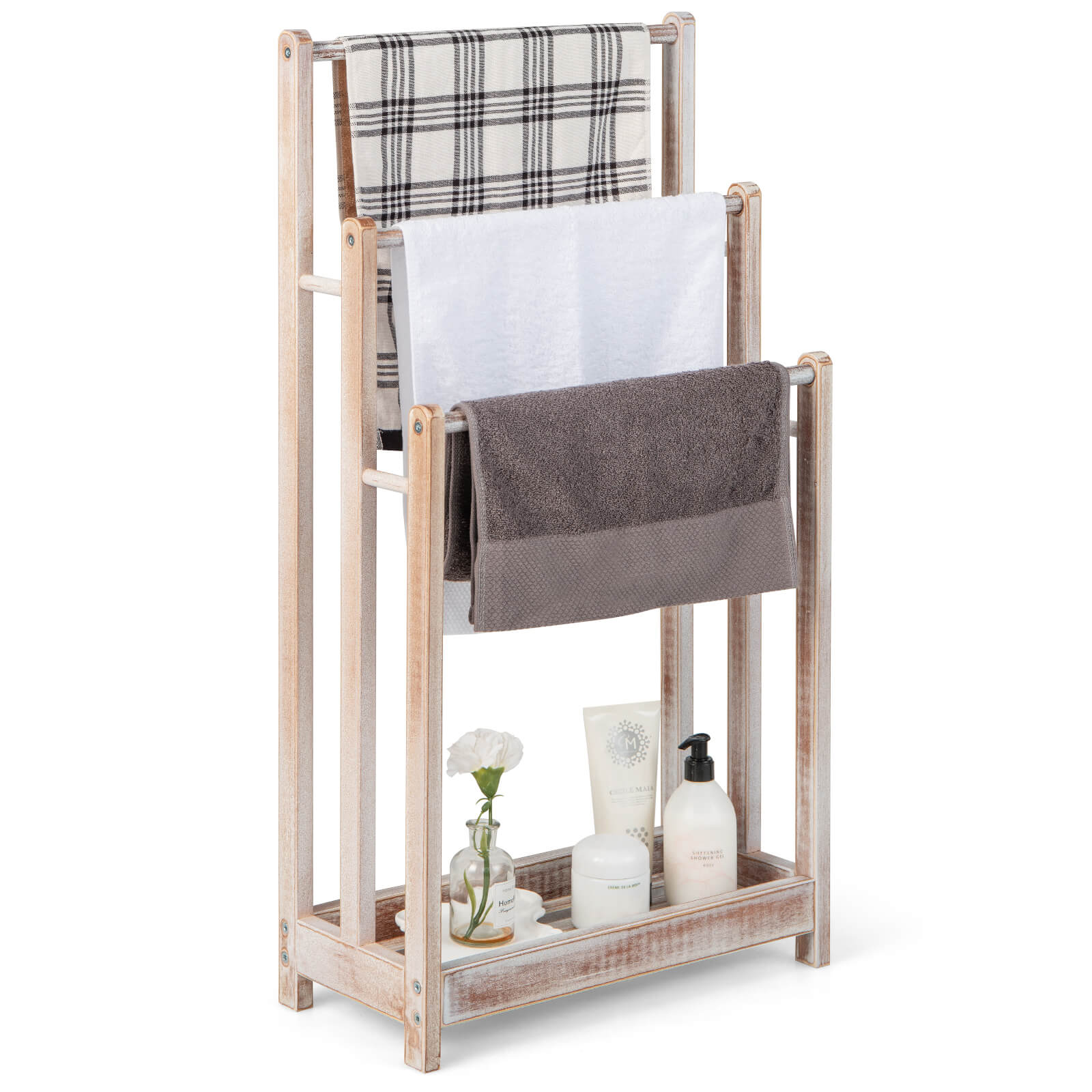 Costway White Freestanding Wood Towel Rack With 3 Individual Bars And Bottom Storage Shelf