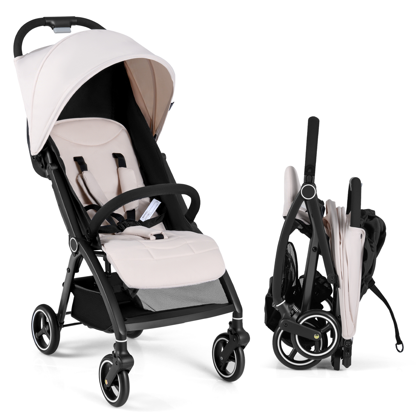 Costway Beige Lightweight Foldable Baby Stroller With Adjustable Backrest And Canopy