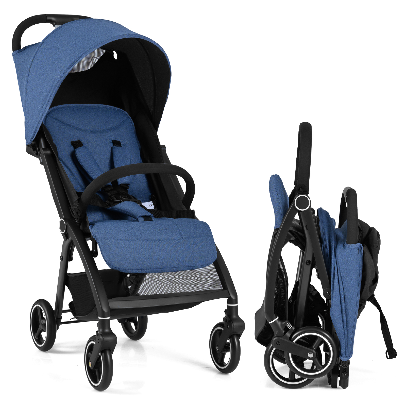 Costway Navy Lightweight Foldable Baby Stroller With Adjustable Backrest And Canopy