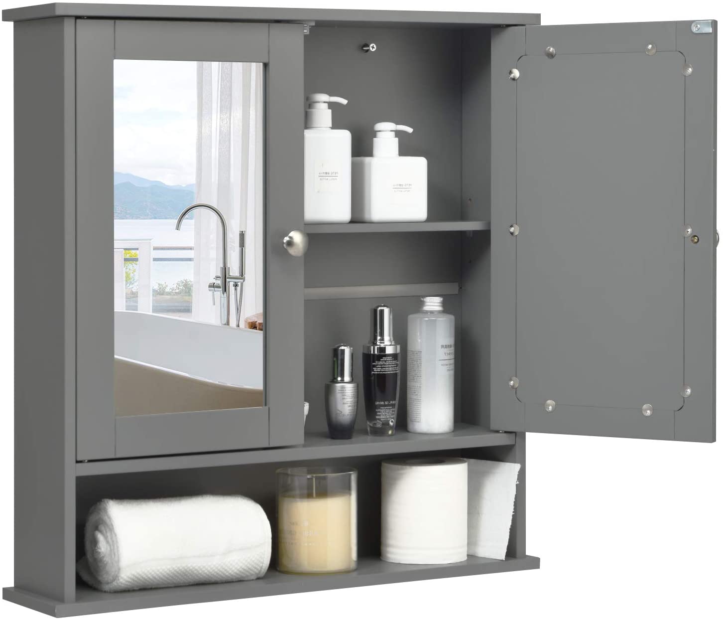 Costway Wooden Hanging Medicine Organizer With Mirror And Adjustable Shelf-Grey