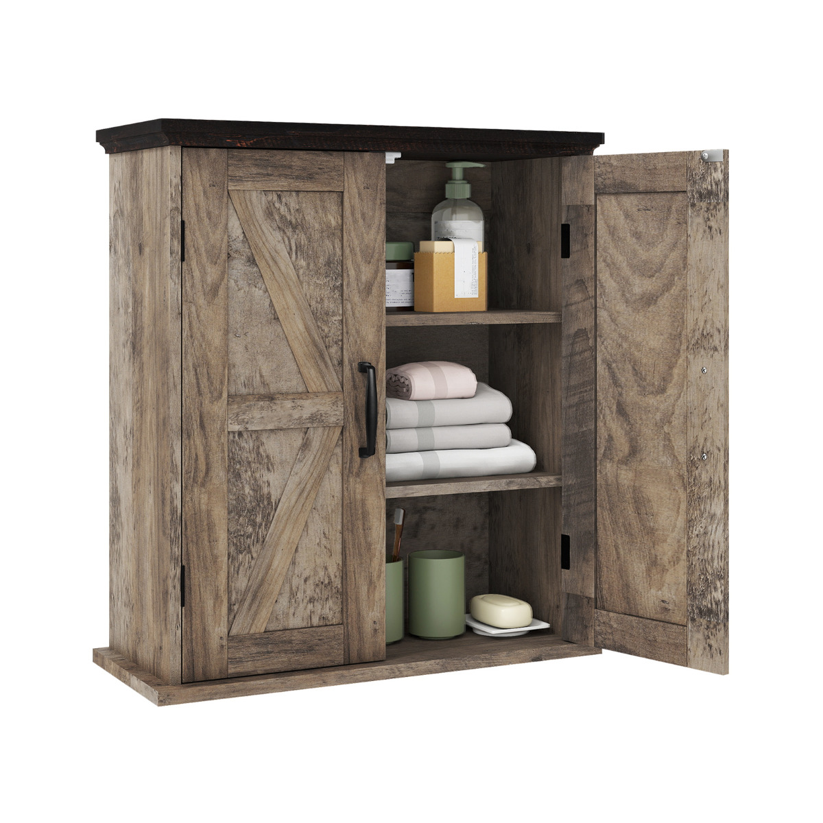 Costway Rustic Brown Bathroom Wall Cabinet With 2 Doors And Adjustable Shelves
