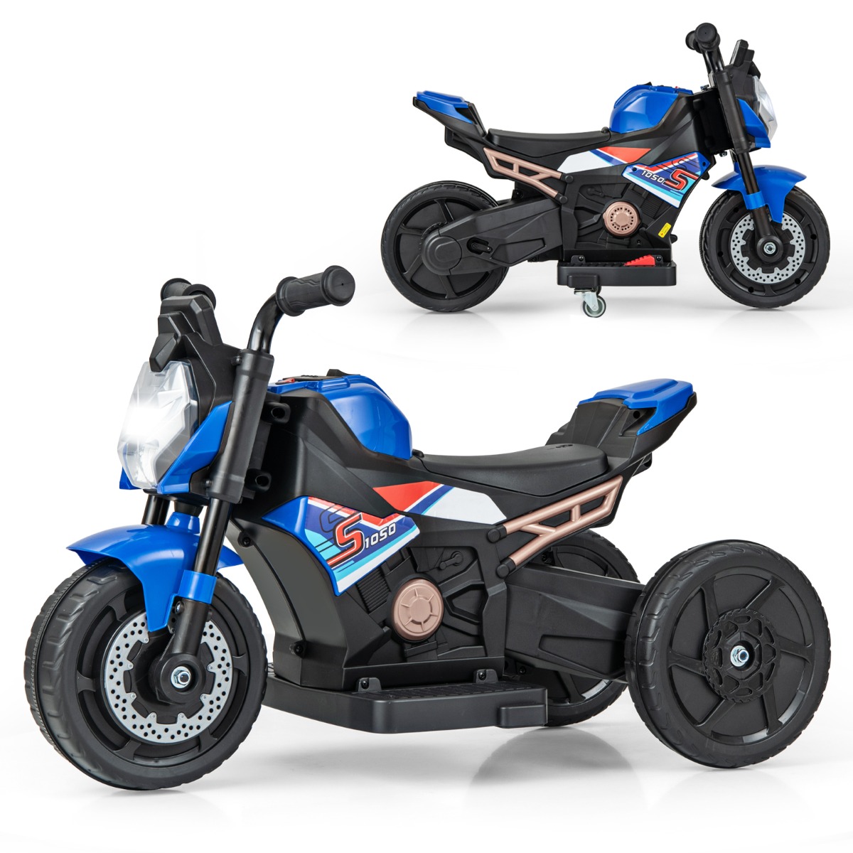 6V Kids Ride-on Motorcycle with 2-wheel/3-wheel Conversion & Detachable Training Wheels-Blue