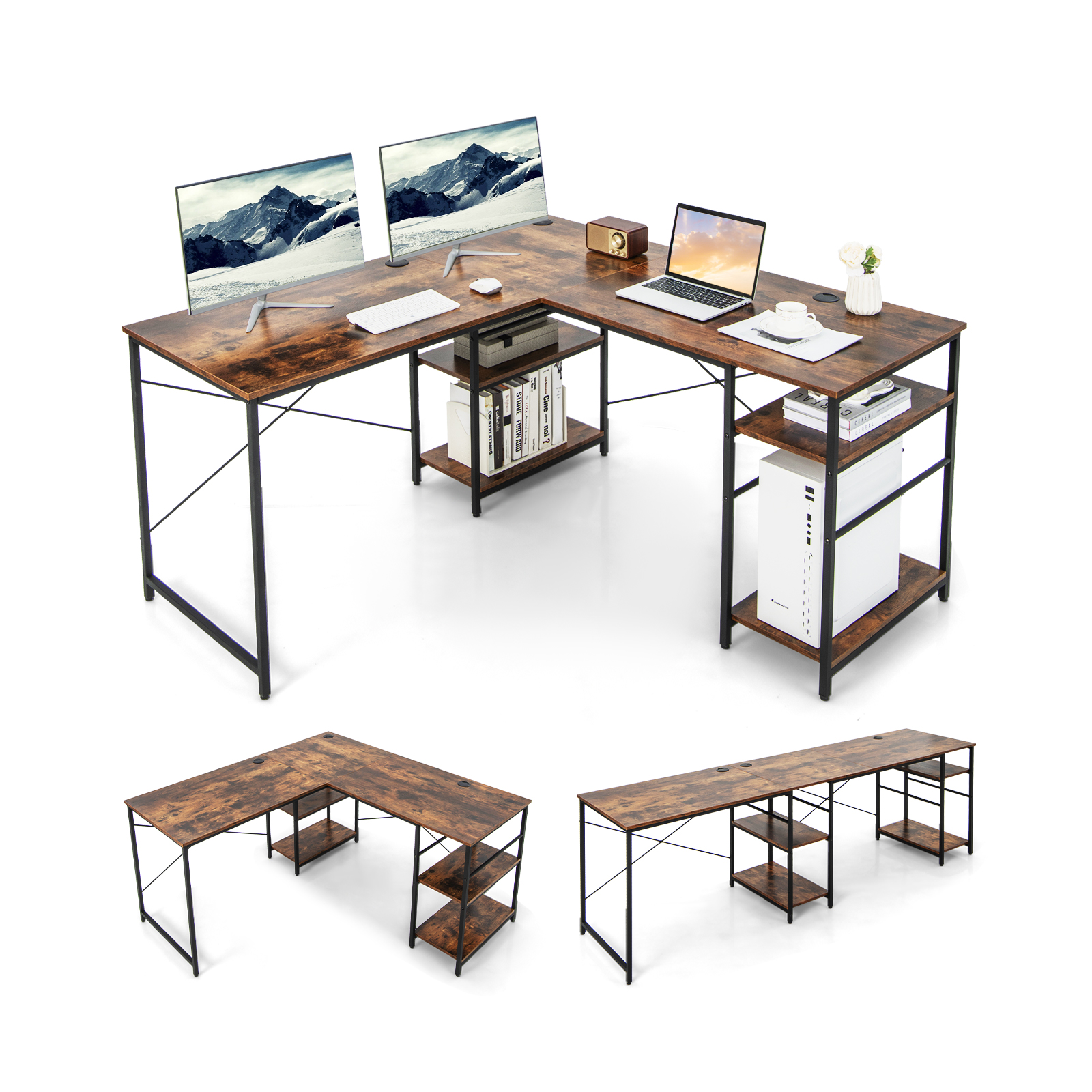 Costway Rustic Brown Wooden Industrial L-Shaped Desk With Storage Shelves