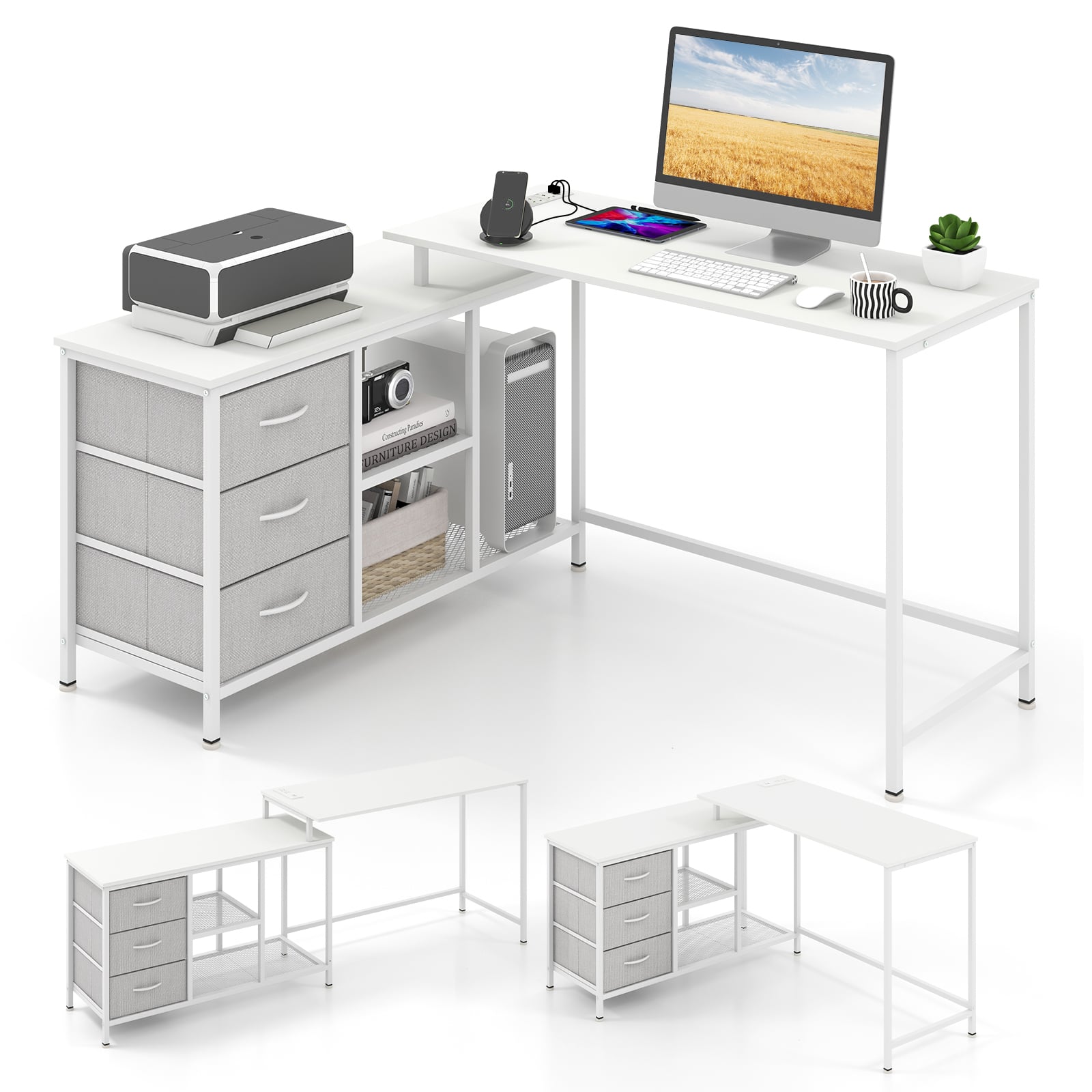 Costway White L-Shaped Computer Desk With Drawers Shelves And Charging Station
