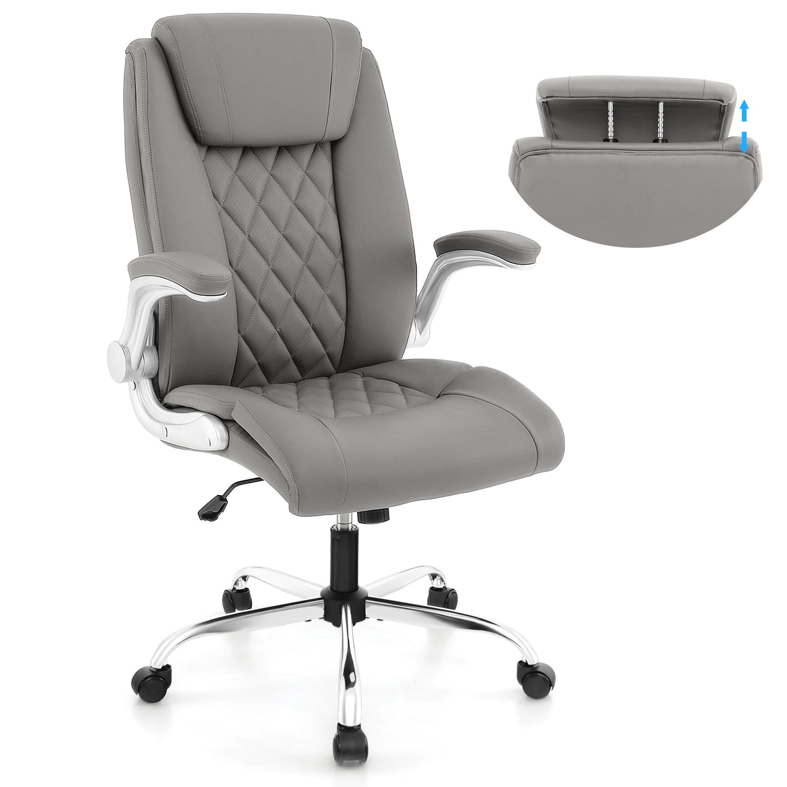 Costway Grey Pu Leather Office Chair Height Adjustable Executive Chair With Headrest