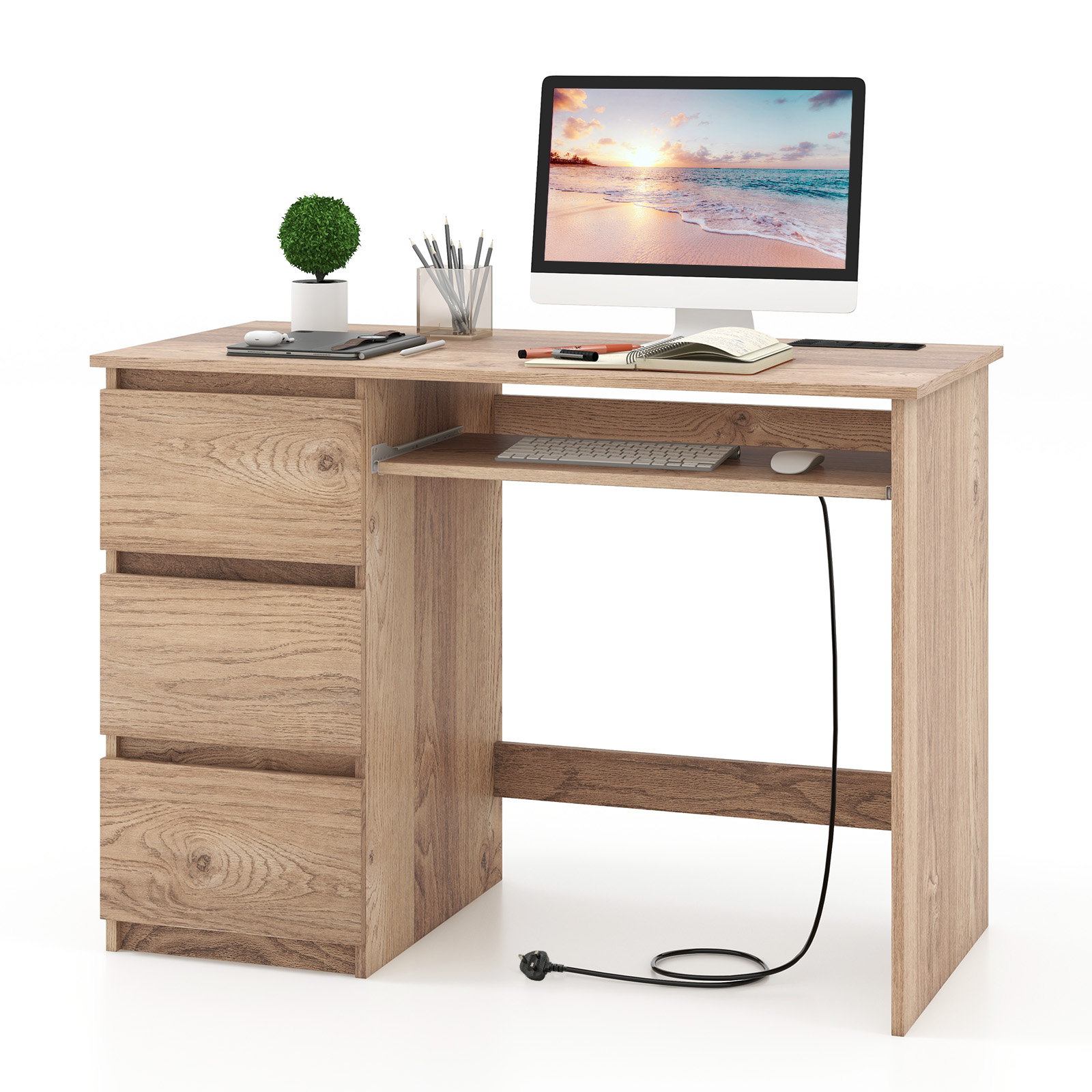 Costway Natural Computer Desk With Power Outlet And 3 Large Drawers