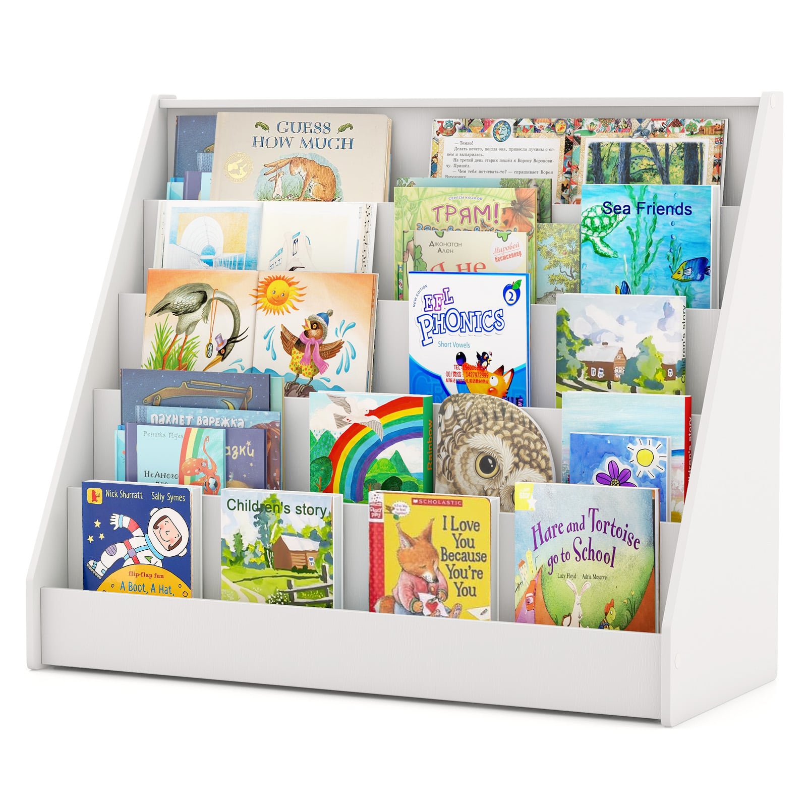 Costway White 5-Tier Wooden Toddler Book Shelf Stand With Deep Compartments