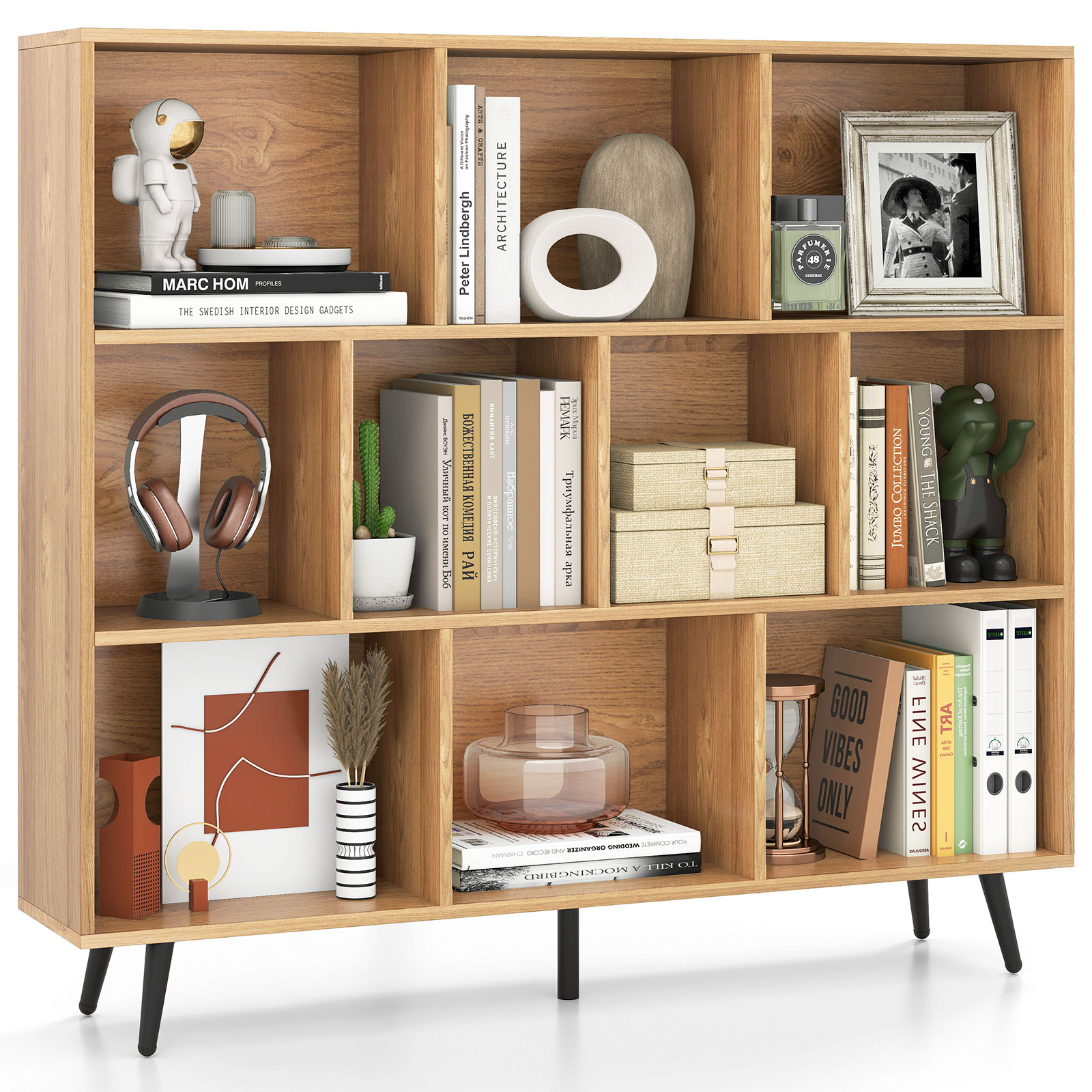 Costway Natural 10-Cube Bookcase 120 Cm Mid Century Modern Storage Organizer