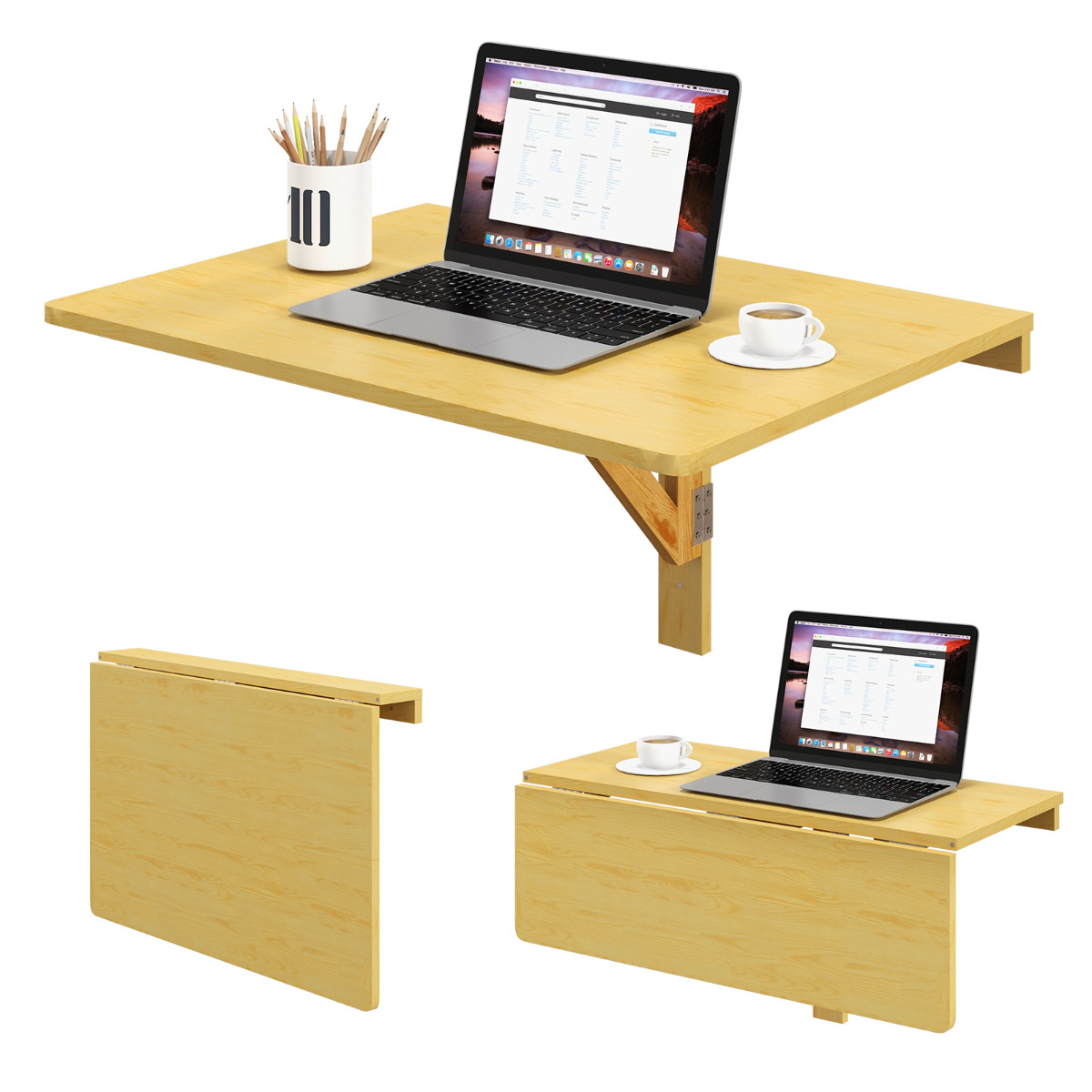 Costway Natural 80 X 60 Cm Wall Mounted Folding Table Drop-Leaf Floating Writing Desk