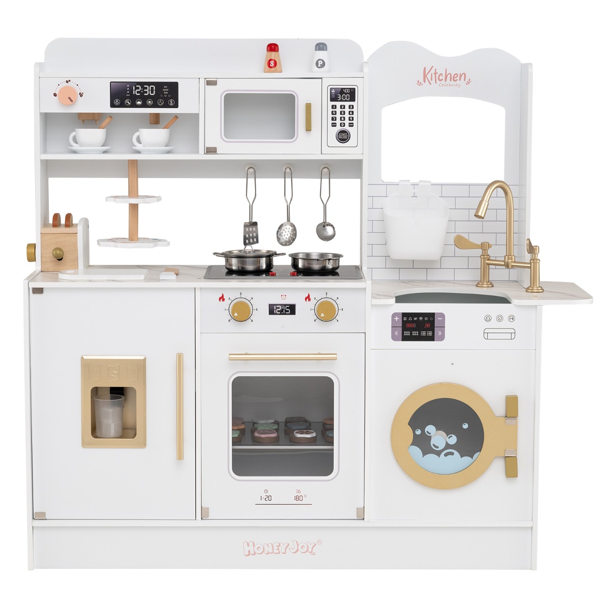 Costway White Children Pretend Toy Kitchen Playset With Stoves And Coffee Machine