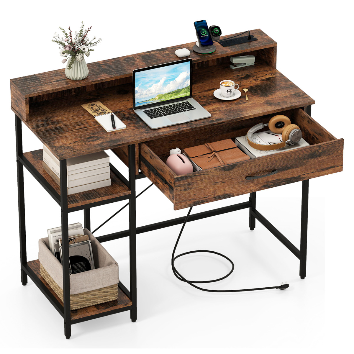 Costway Rustic Brown Computer Desk With Power Outlets And Top Shelf