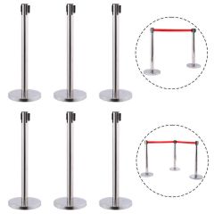 6 Red Retractable Queue Belt Barrier Polished Stainless Stand
