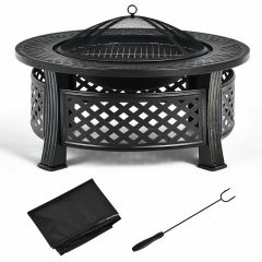 3 in 1 Round Fire Pit Set with BBQ Grill and Rain Cover for Outdoor