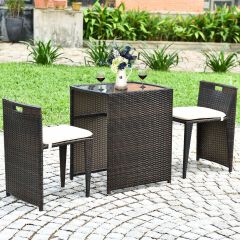 3 Pieces Wicker Bistro Set with Glass Tabletop and Cushions