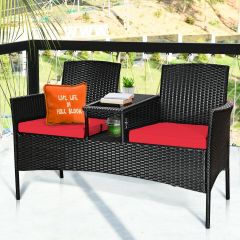 Rattan Red Cushioned Loveseat with Glass Table