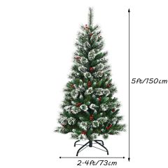 Snow Flocked Christmas Tree with Red Berries and Metal Base