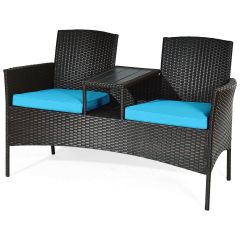 2-Seater Rattan Chair with Coffee Table and Removable Cushion