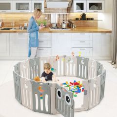 16 Panel Foldable Baby Playpen with Lock Door and Anti-Slip Bases