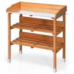 3 Tier Garden Potting Bench Table with Hooks and Storage Shelves