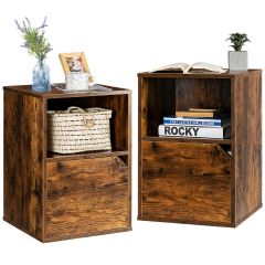 Set of 2 Wooden Bedside Tables with Open Shelf and Door 