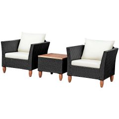 3 Piece Rattan Furniture Set with Cushioned Sofas and Acacia Table