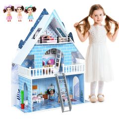 Wooden Kids 3 Storey Doll House With Furniture Accessories