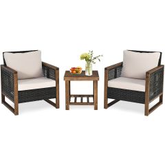 3 Pieces Outdoor Rattan Furniture Bistro Set with Cushioned Sofas