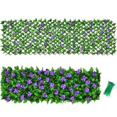 Expandable Artificial Hedge Fence with White and Purple Flowers