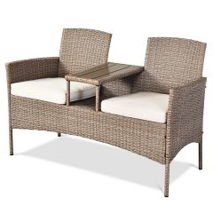 Outdoor 2 Seater Rattan Chair Middle Tea Table Padded Cushions