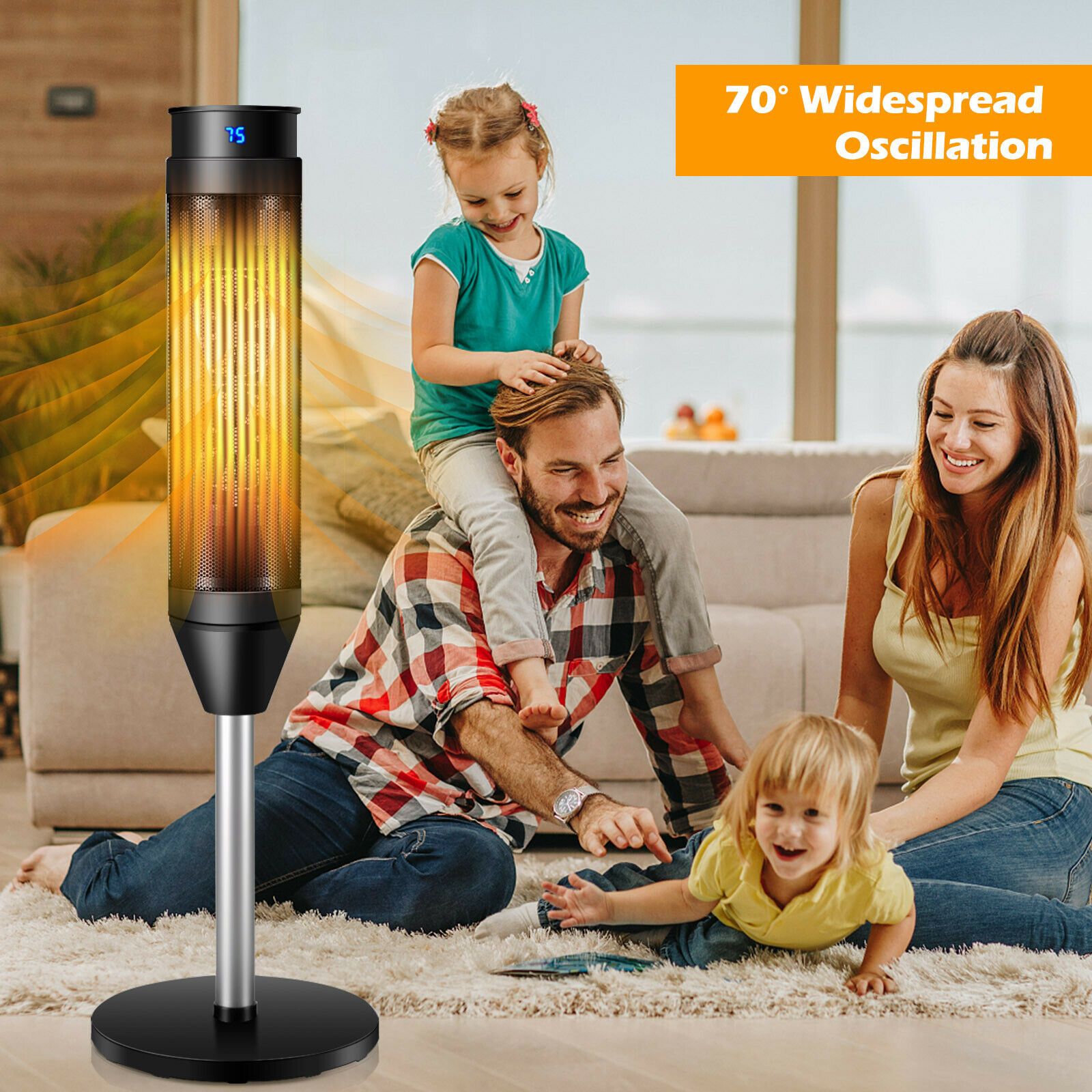 Costway electric ceramic tower heater, silver, oscillating, front view