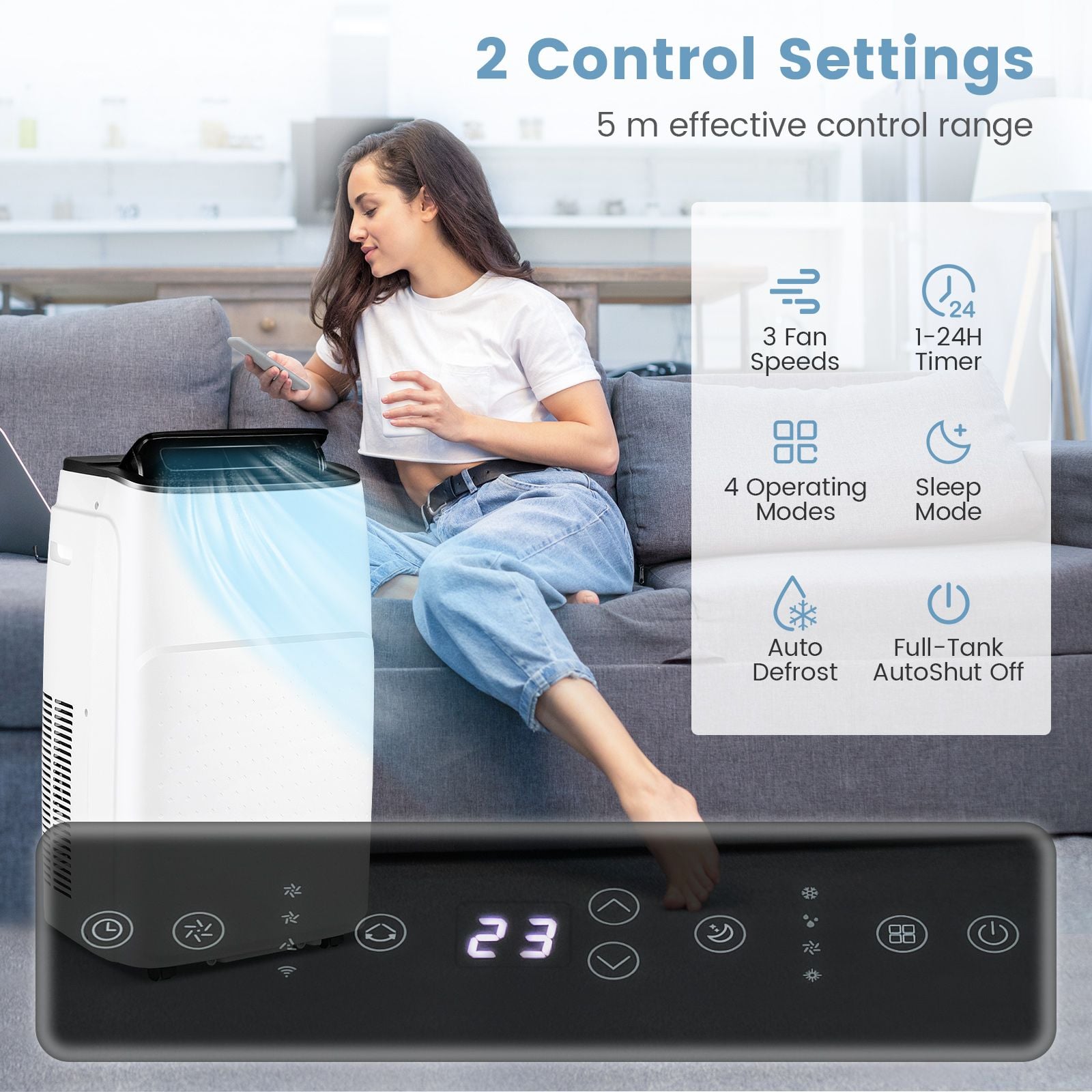 White Costway portable AC unit with remote control, 25m² coverage