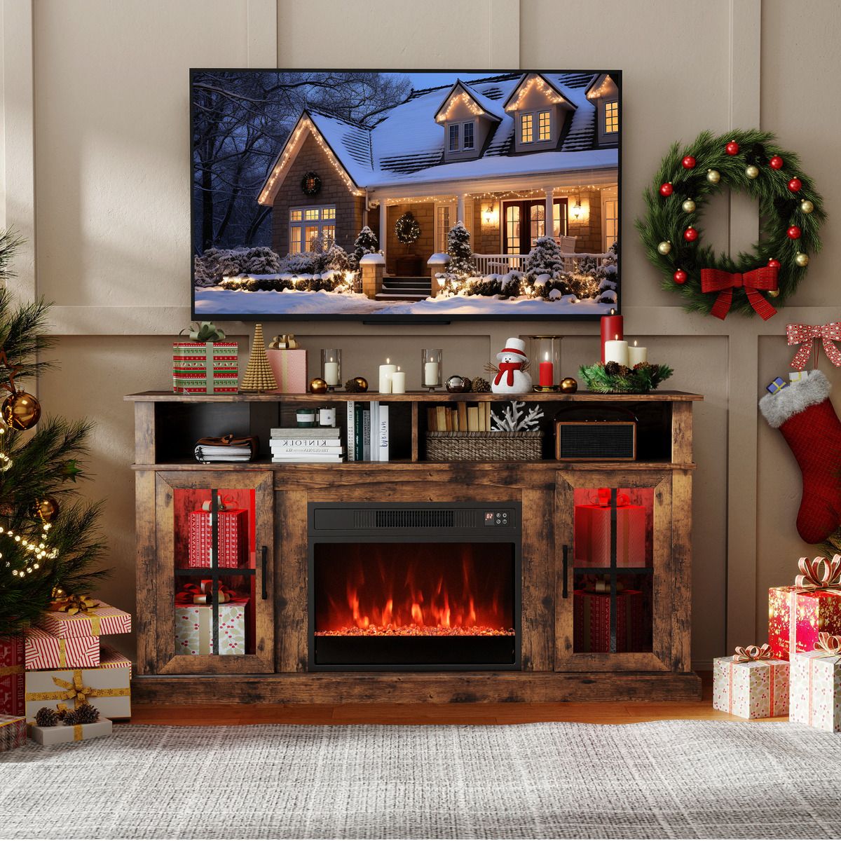 Costway 148cm electric fireplace TV stand with LED lights, black, front view