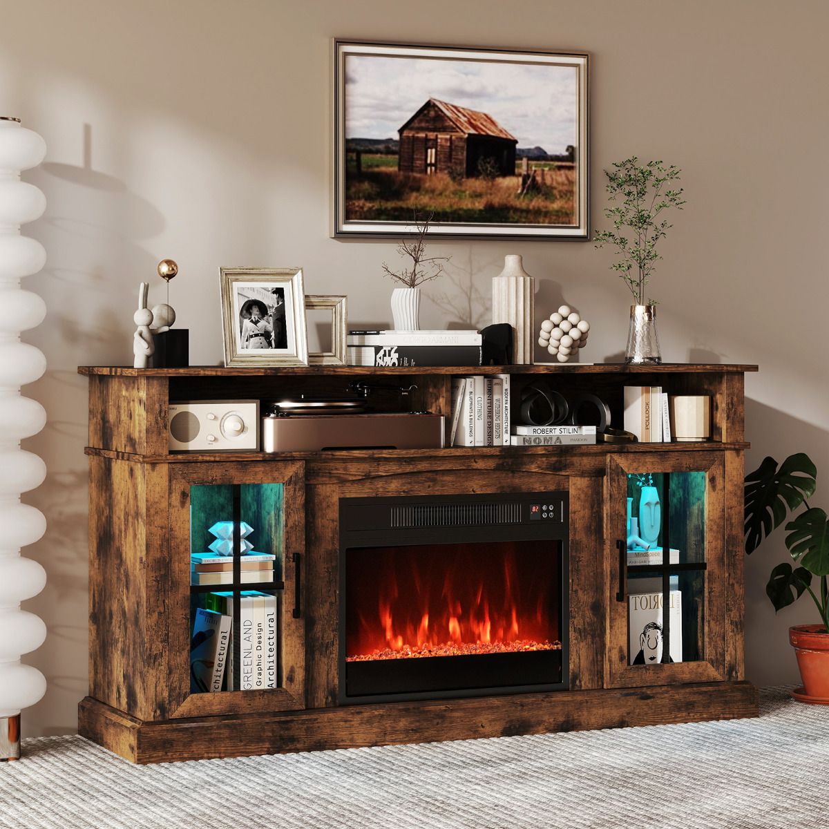 Costway fireplace TV stand holding a 65-inch TV with glass side cabinets