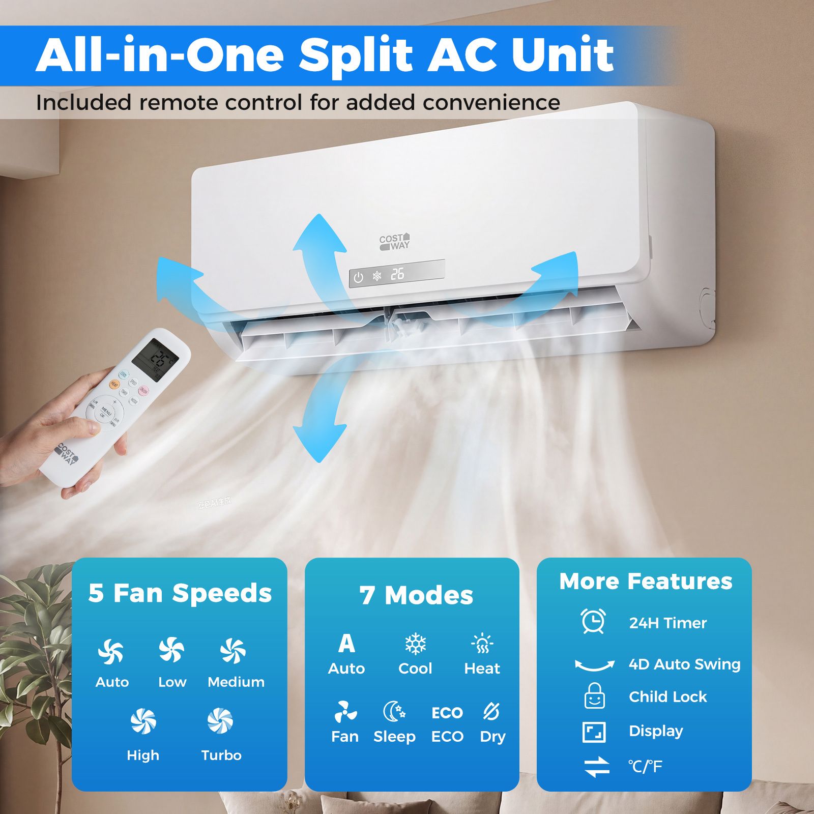 Costway A++ inverter 18000 BTU split air conditioner with remote control