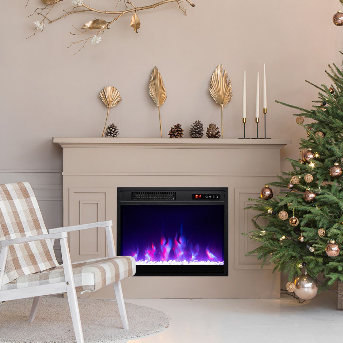 Costway 18 inch recessed electric fireplace insert with flame effect, black, front view