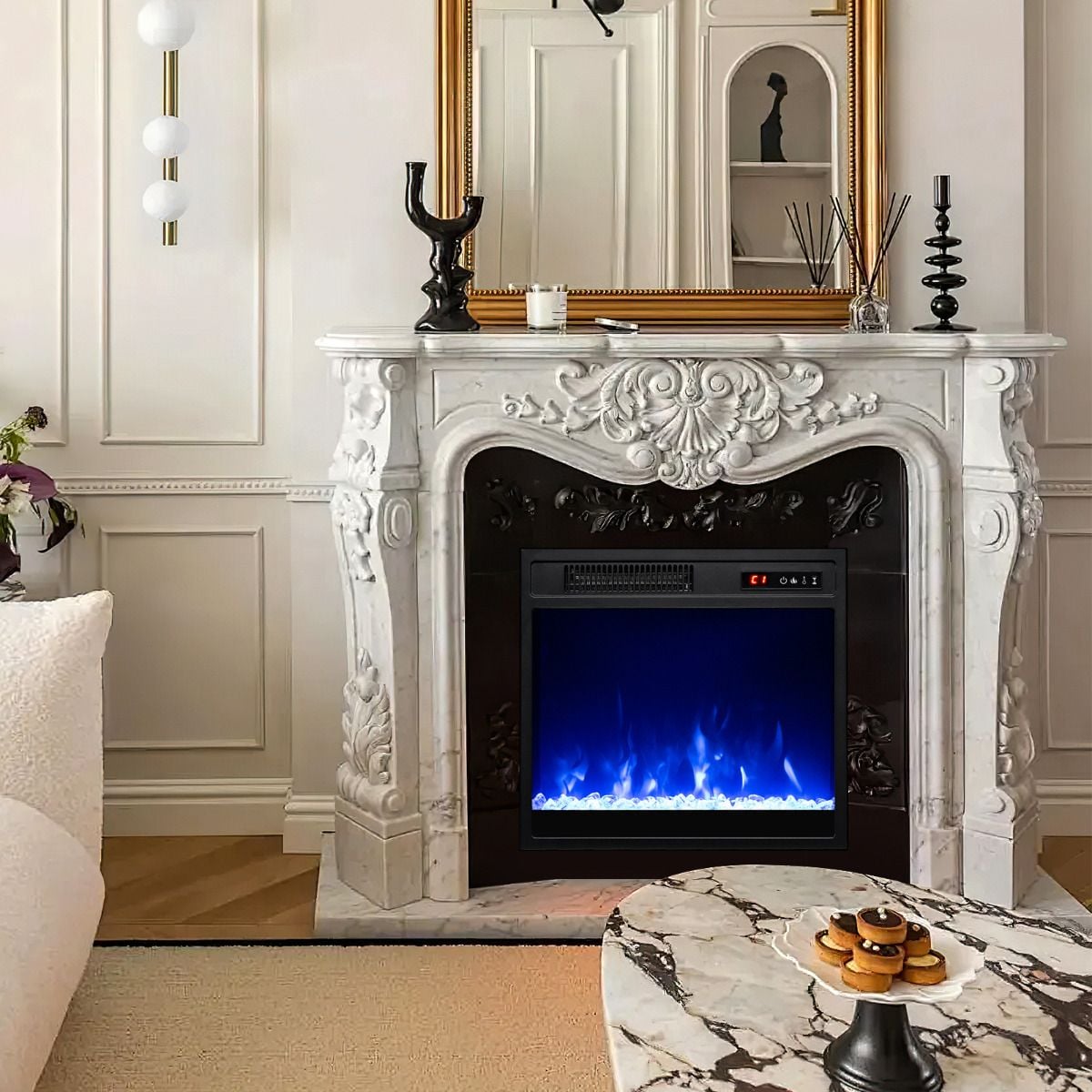 Costway 18 inch electric fireplace tempered glass front and brightness settings close-up