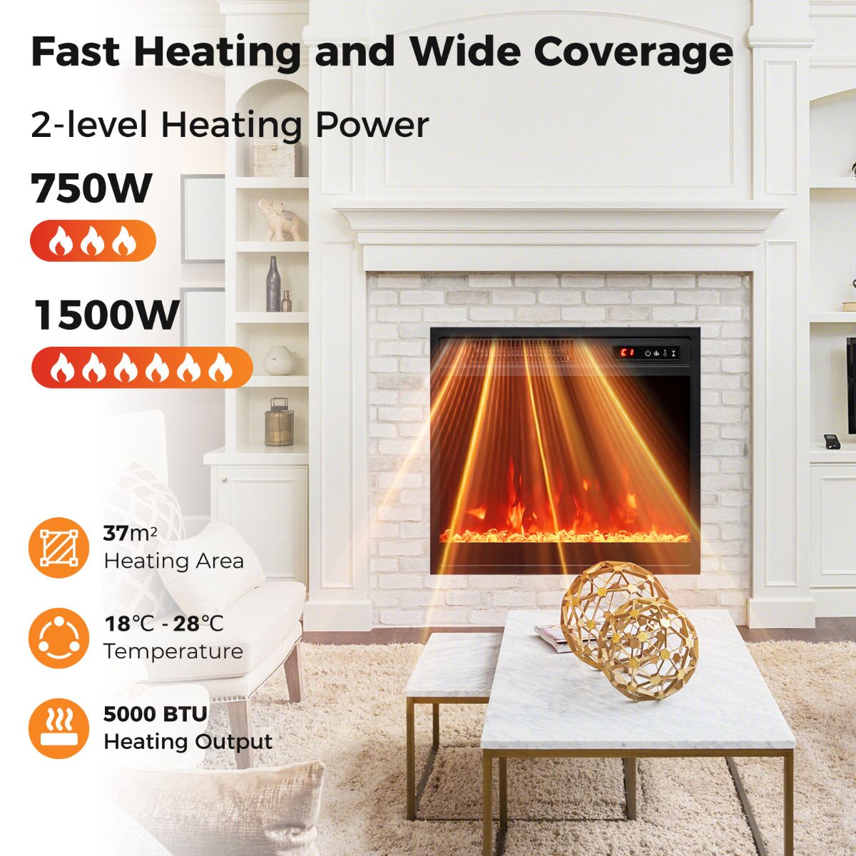 18” Electric Fireplace Insert 750W/1500W Fireplace Heater — image 6